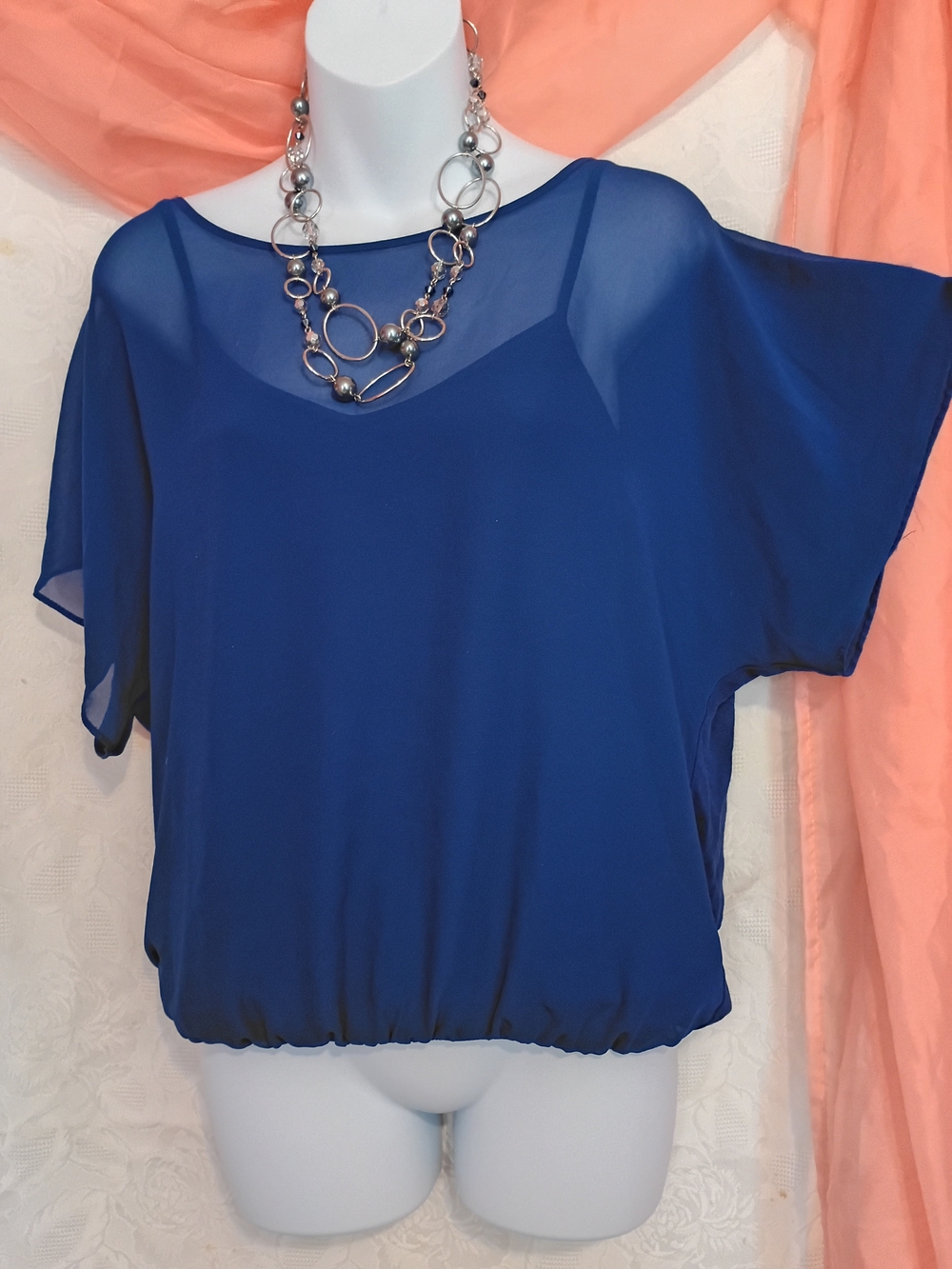 New York & Company Ladies Royal Blue Sheer Overlay Blouse - Women Tops Sz XS